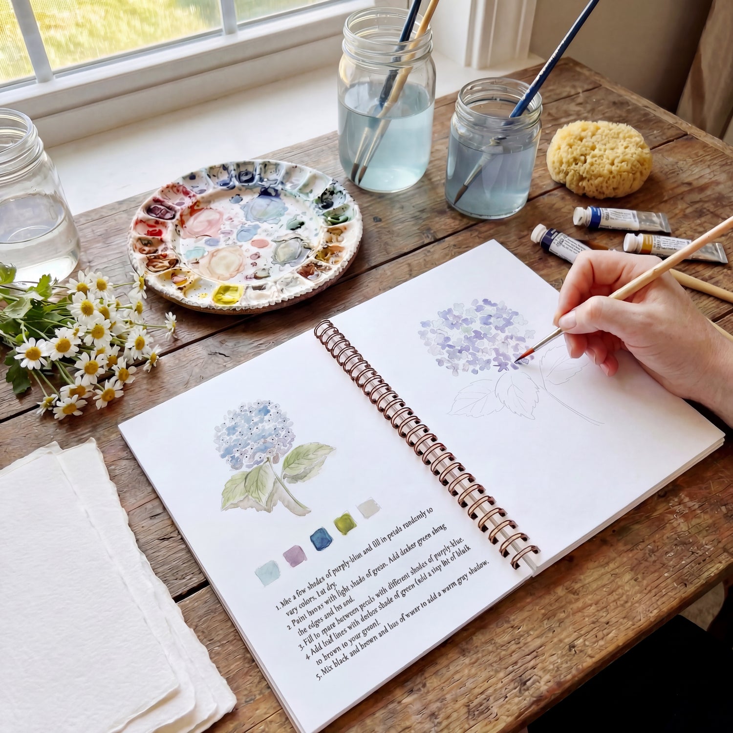 Apprentissage aquarelle débutant avec carnet d’exercices et palette 12 couleurs