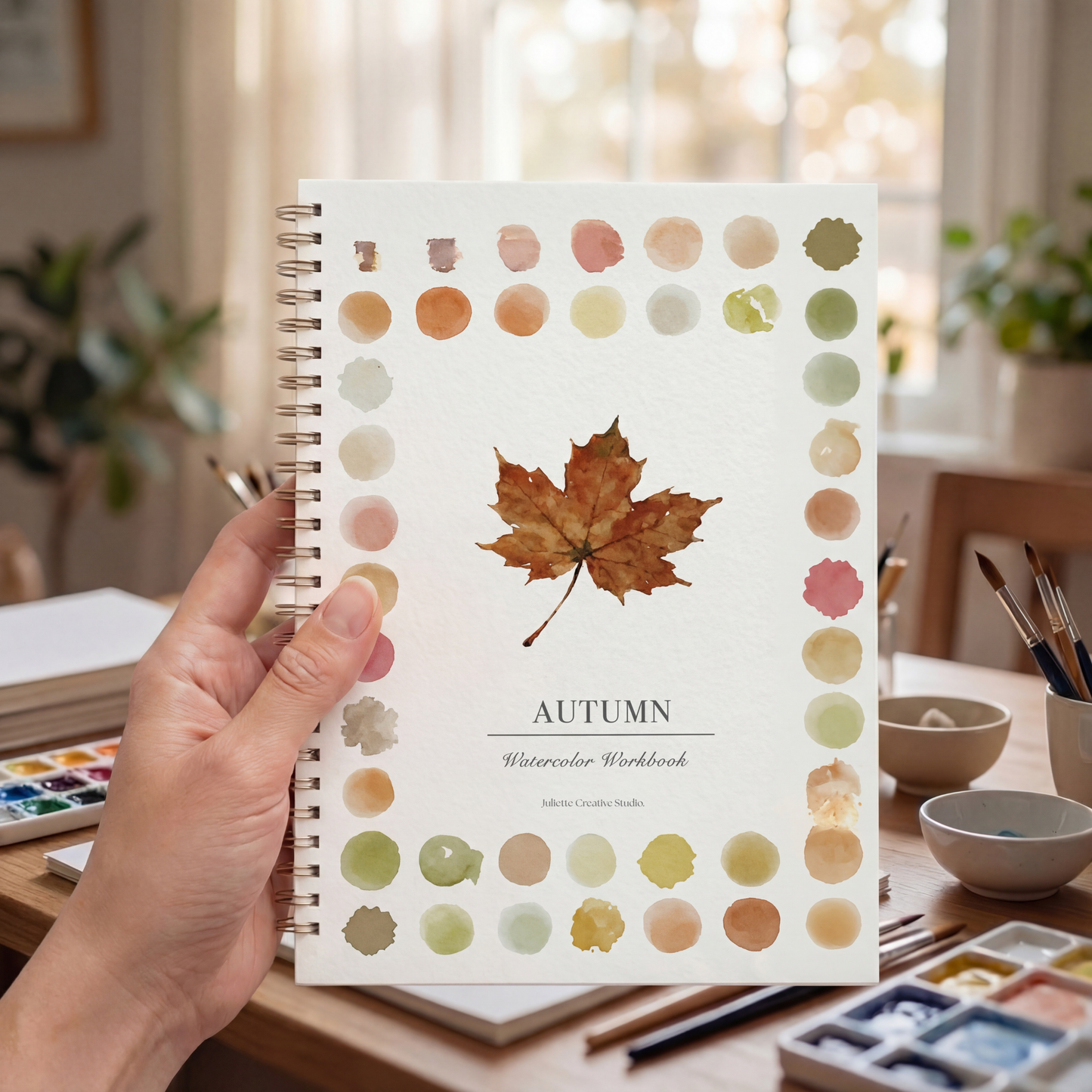 Kit aquarelle Automn avec carnet illustré feuille d’érable tenu en main