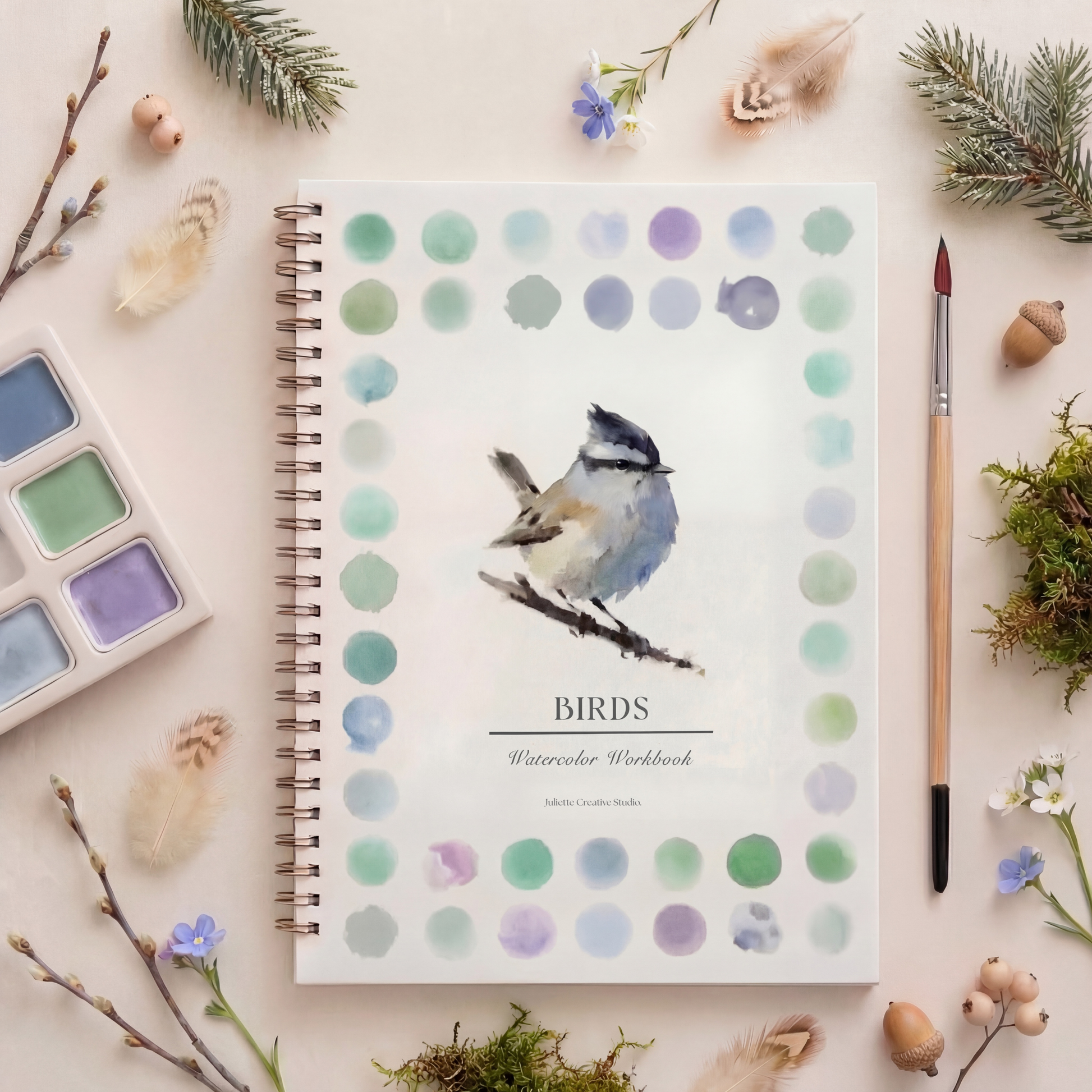 Carnet d’aquarelle Birds avec palette et pinceau – Kit aquarelle Juliette Creative Studio