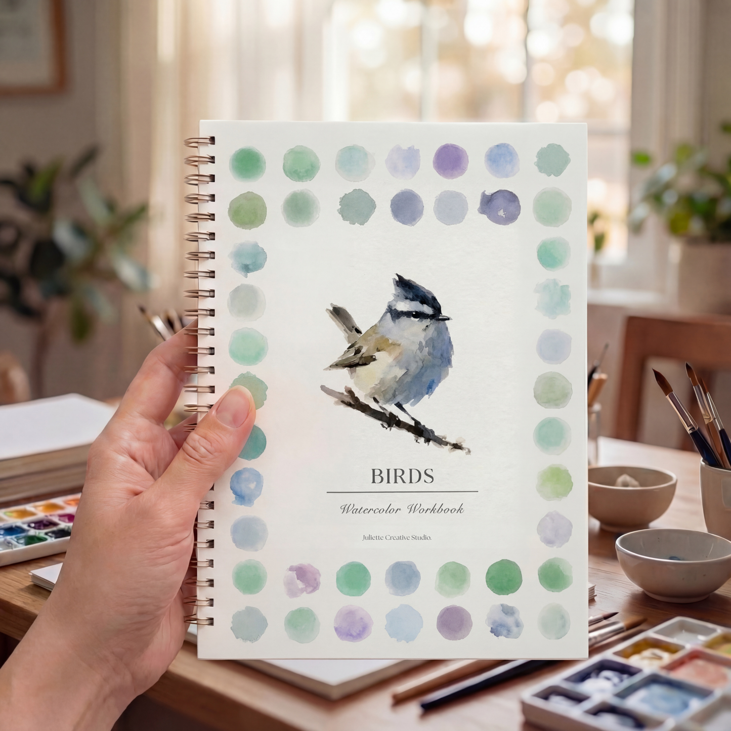 Carnet aquarelle Birds avec illustration d’oiseau, tenu en main dans un atelier créatif