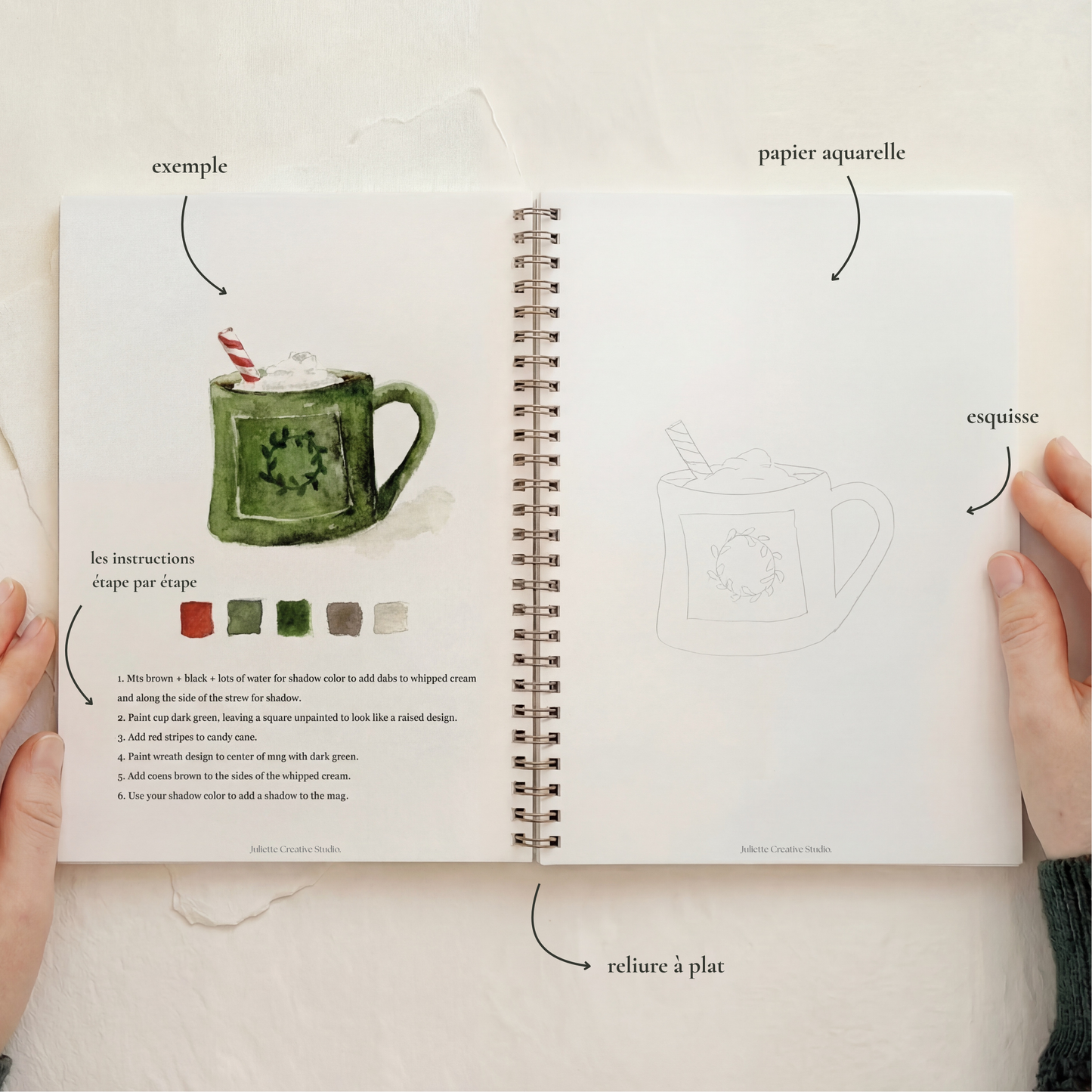Page intérieure du carnet d’aquarelle Christmas avec modèle de tasse de Noël à peindre et instructions