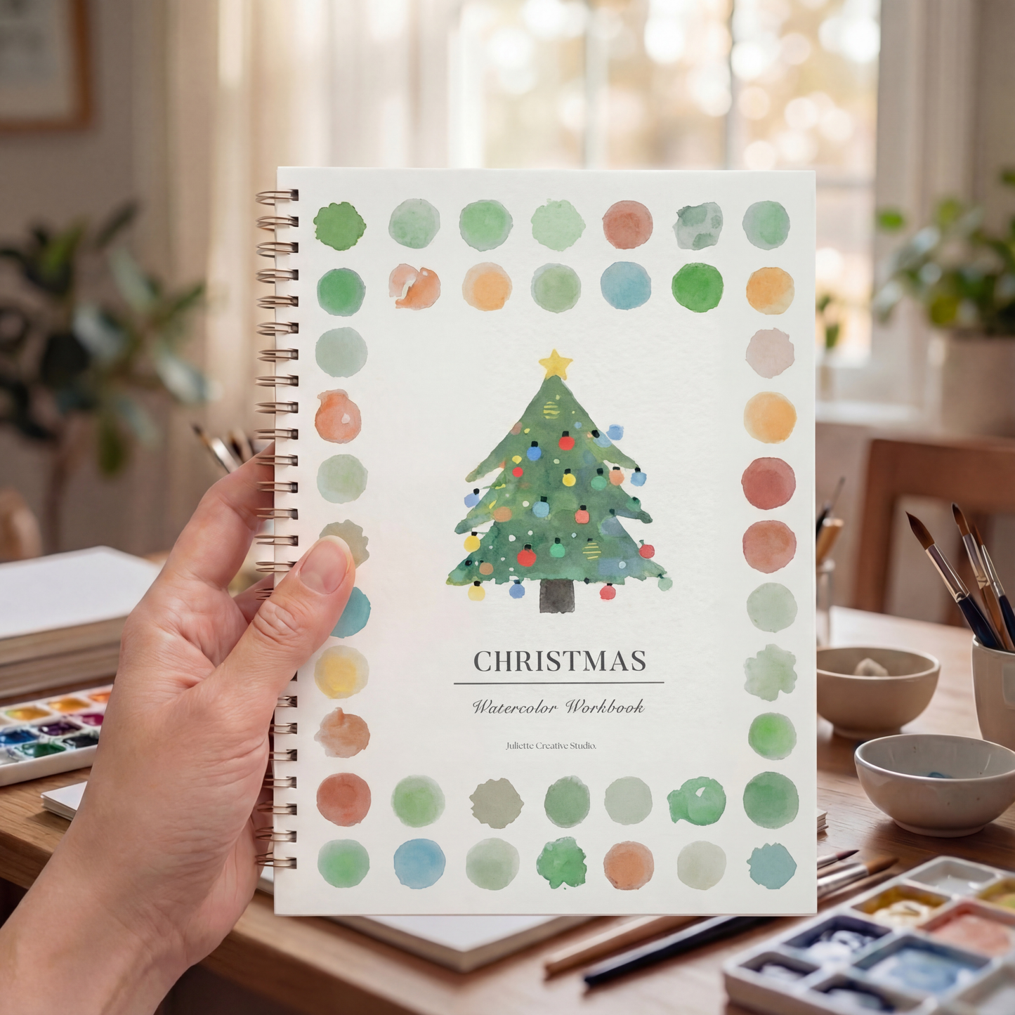 Carnet aquarelle Christmas avec sapin de Noël tenu en main, idée cadeau créatif