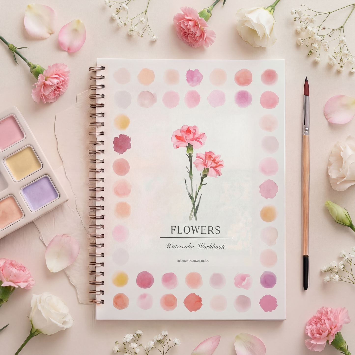 Carnet d’aquarelle Flowers avec palette et pinceau – Kit aquarelle Juliette Creative Studio