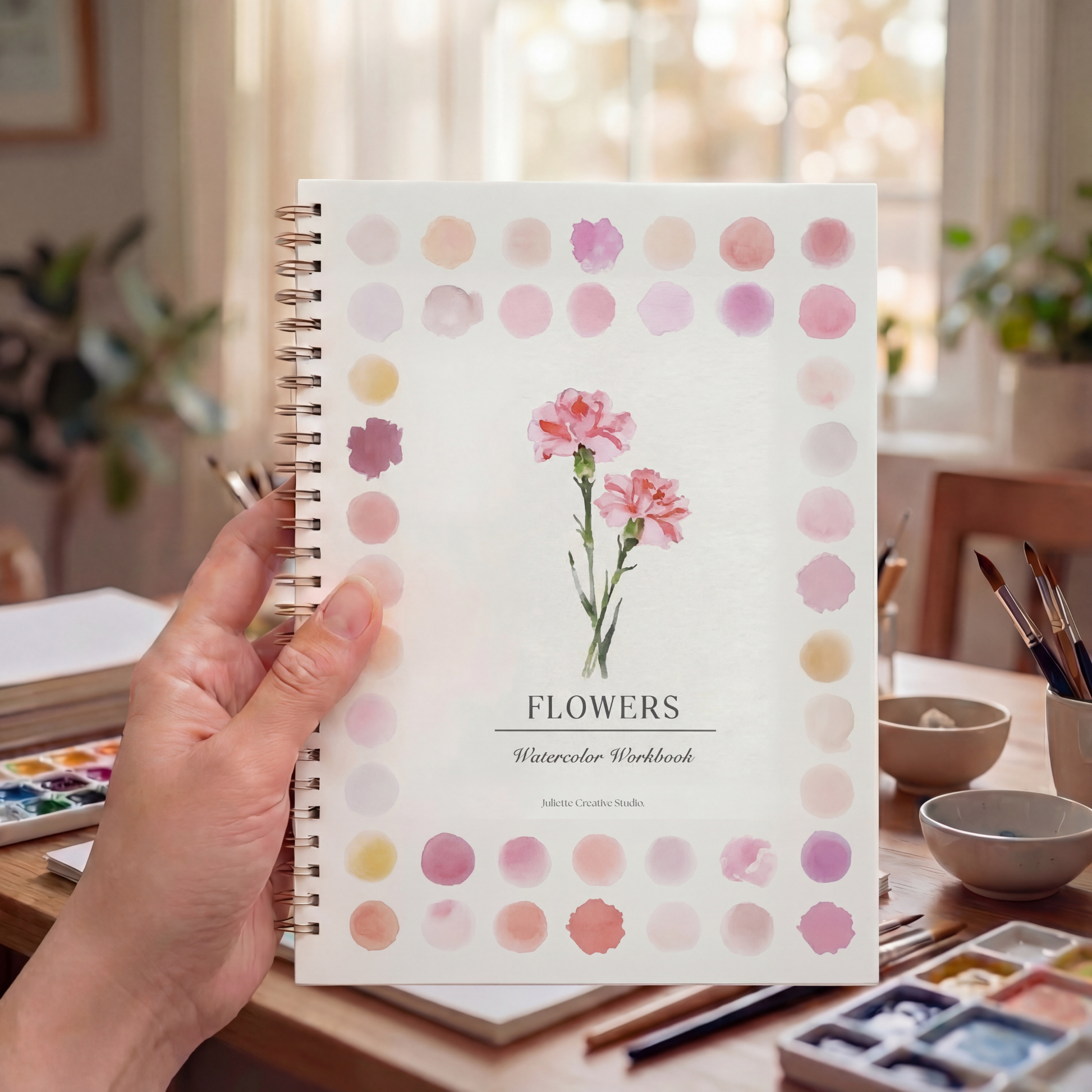 Kit aquarelle Flowers avec carnet illustré fleurs tenu en main