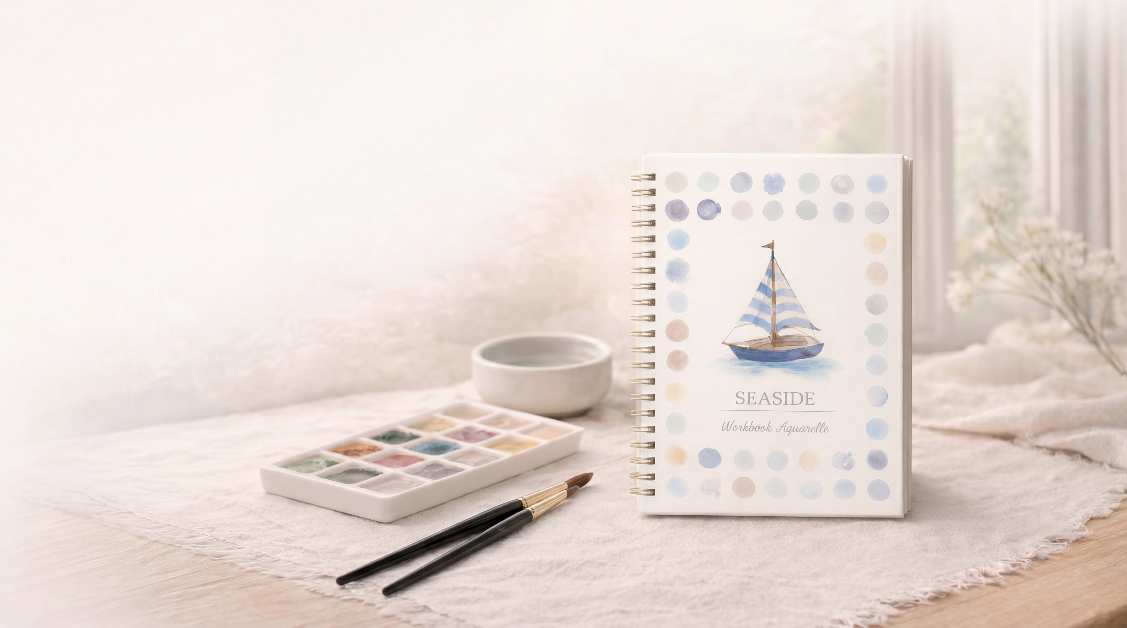 Kit aquarelle Seaside avec carnet d’aquarelle illustré, palette et pinceaux