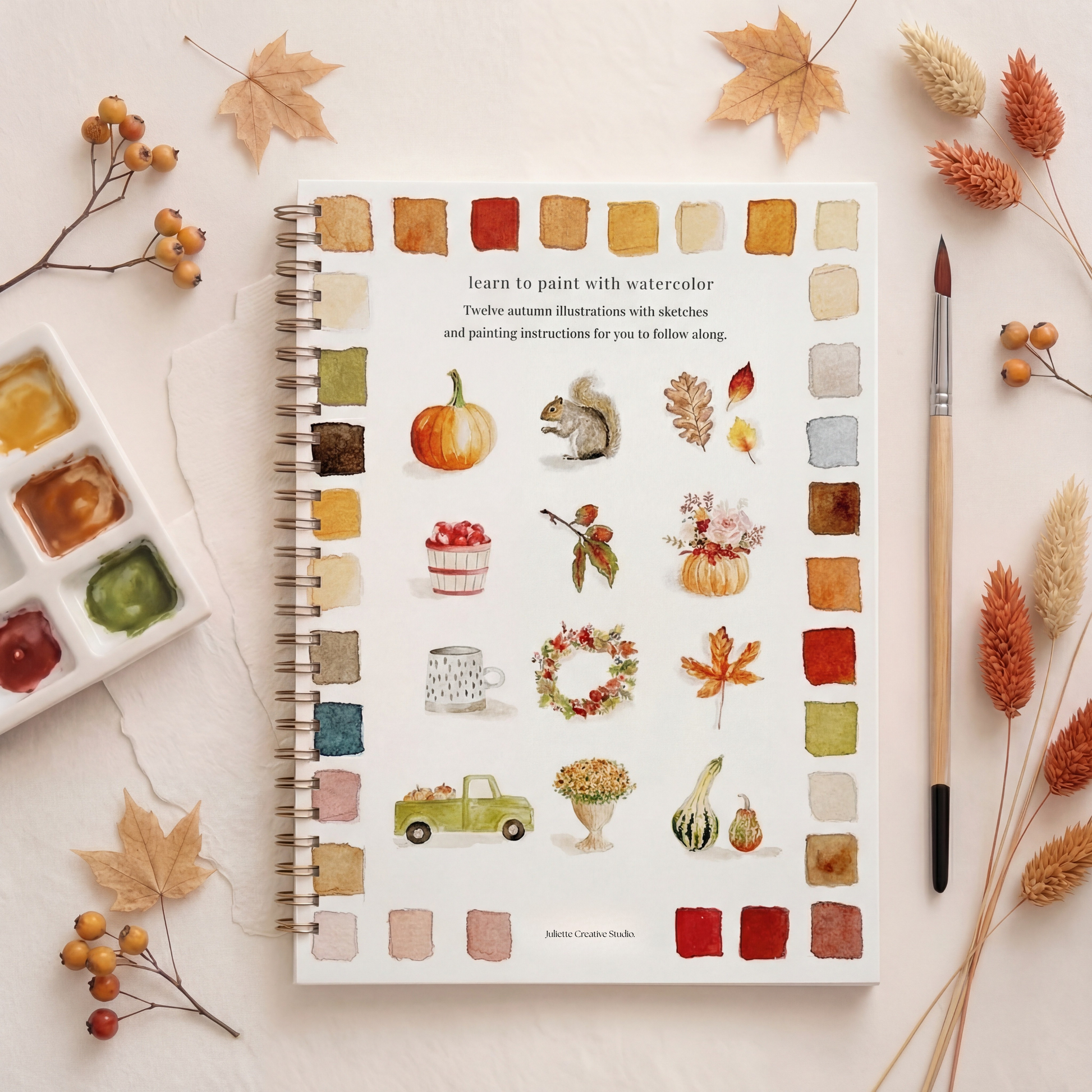 Dos du carnet d’aquarelle Automn avec motifs automnaux et kit aquarelle