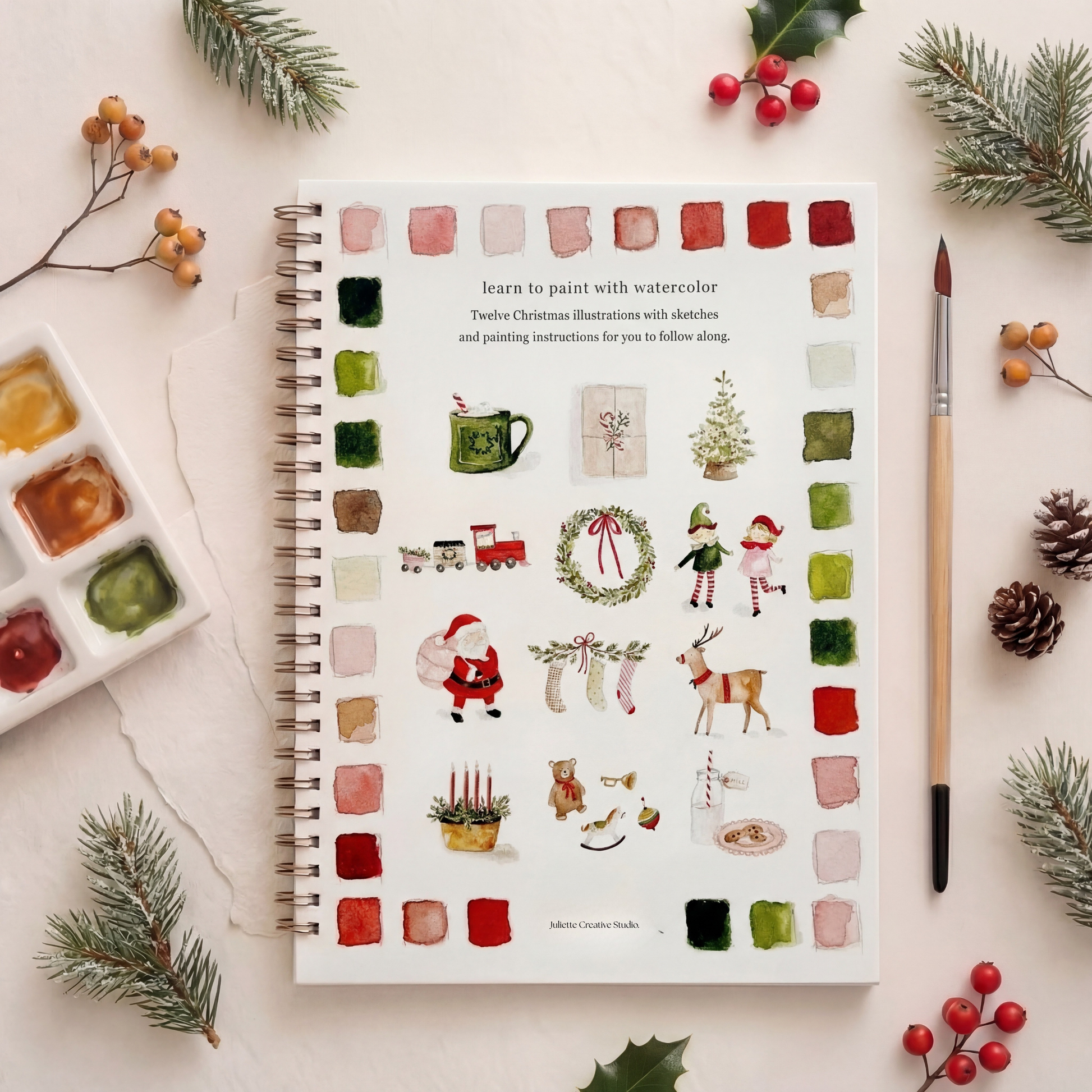 Dos du carnet aquarelle Christmas avec motifs Père Noël, renne et décorations de Noël