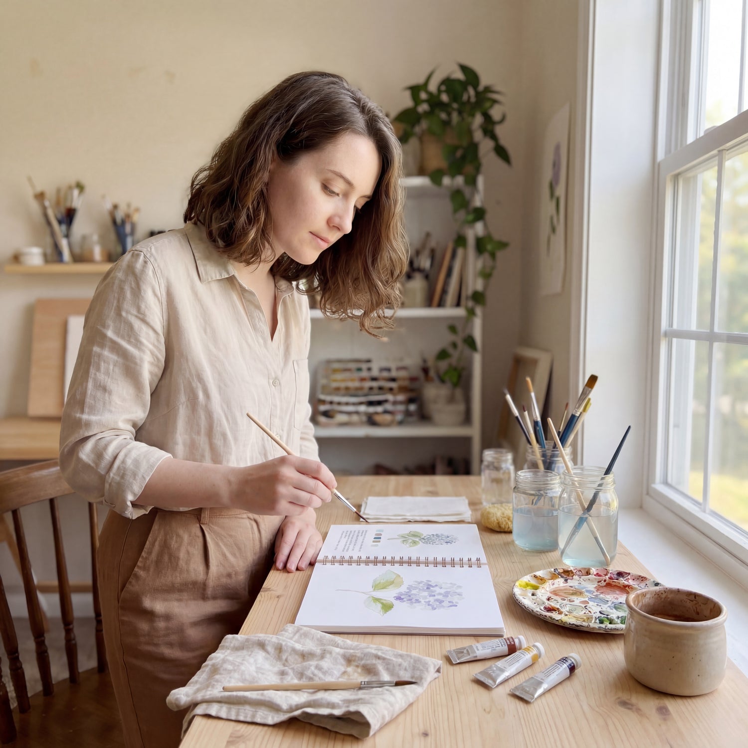Artiste aquarelliste Juliette Creative Studio peignant dans son atelier lumineux