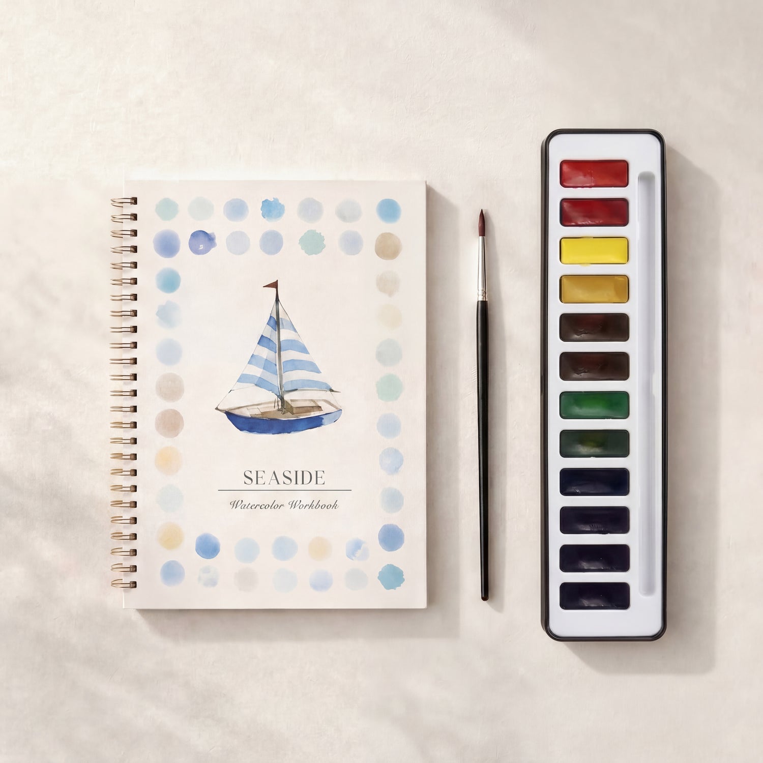 Carnet d’aquarelle Seaside avec palette aquarelle 12 couleurs, kit créatif débutant